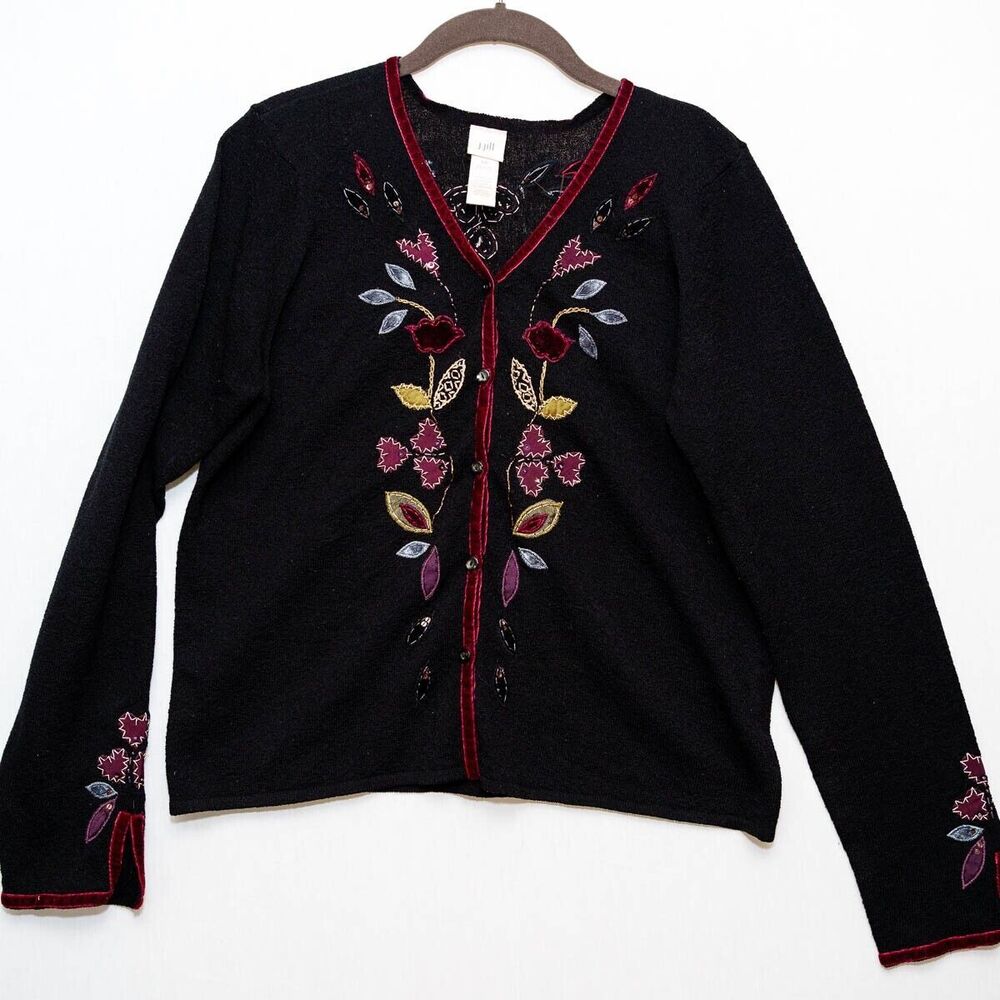 J. Jill MP Petite floral applique embroidered black‎ cottage witchy whimsigoth